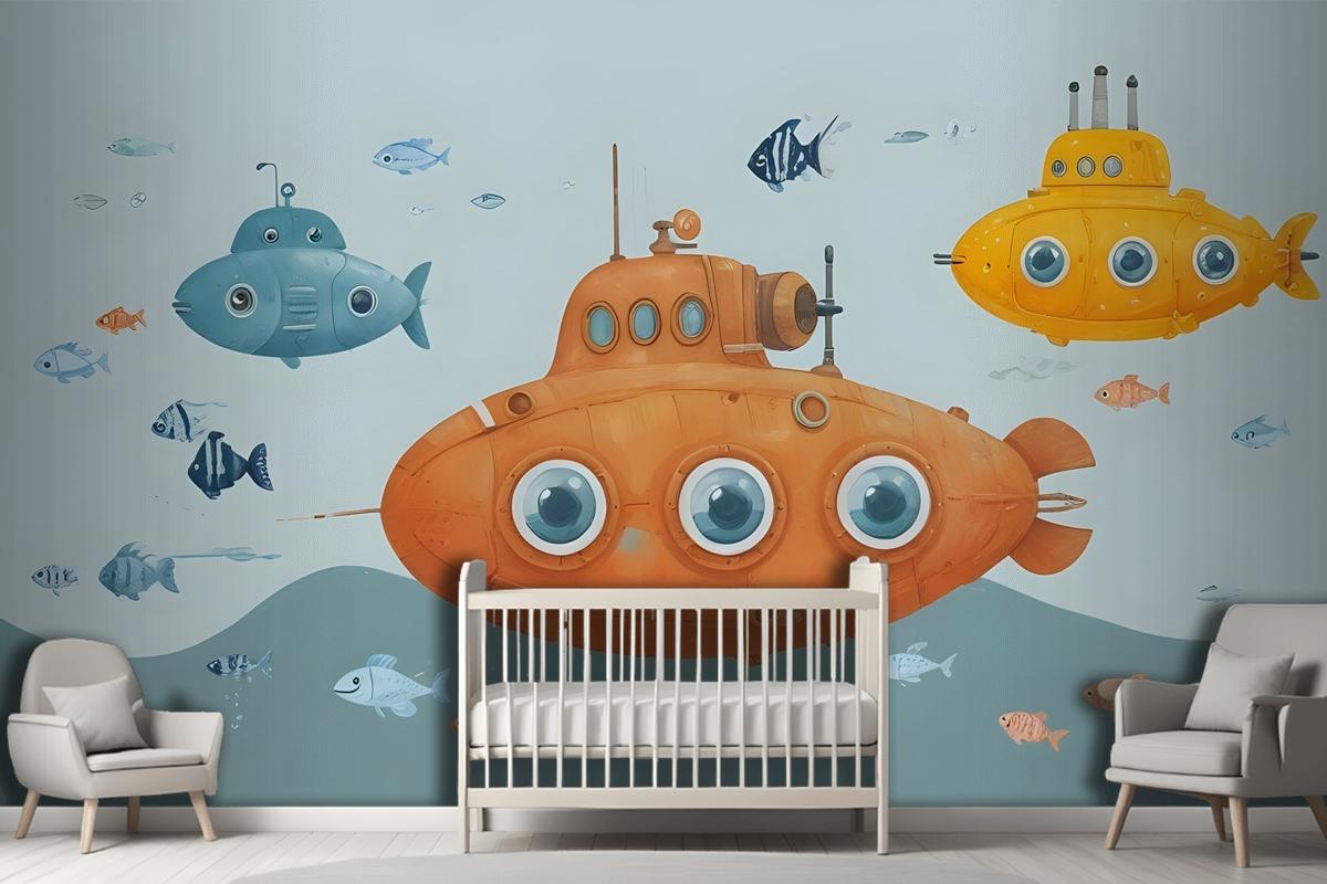 Kids Boys Watercolor Underwater With Submarine Wallpaper Mural