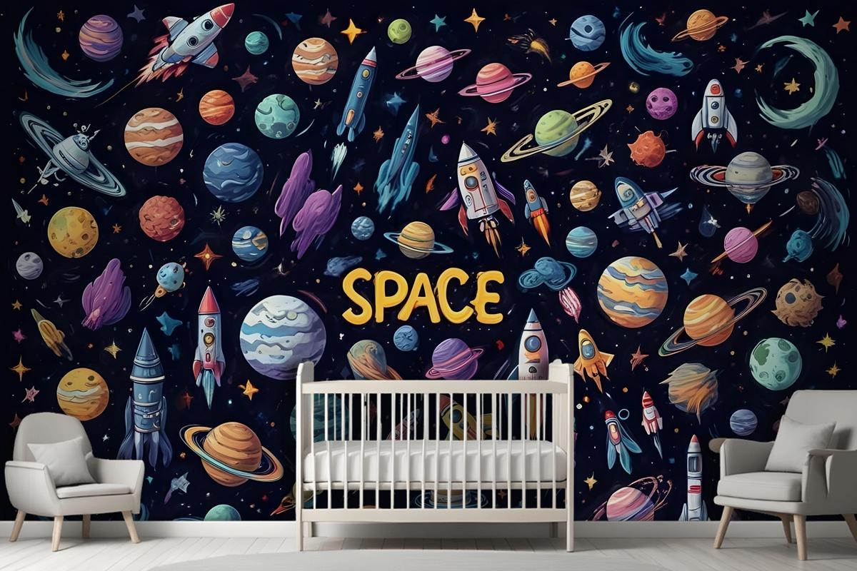 Kids Cartoon Space With Astronaut And Colorful Planets Wallpaper Mural