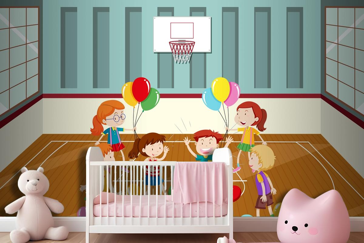 Kids Doing Physical Activity With Balloons Wallpaper Mural