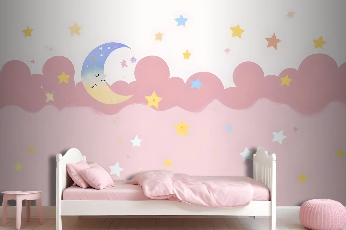 Kids Girls Pink Night With Sleeping Moon Wallpaper Mural