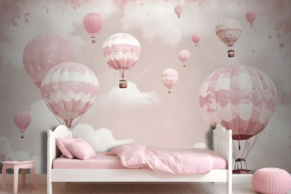 Kids Girls Pink Sky Of Hot Air Balloon Wallpaper Mural