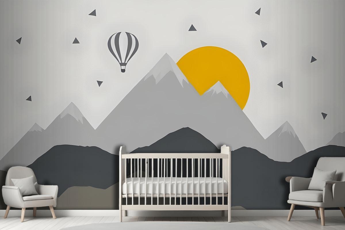 Kids Gray Geometric Mountainscape And Hot Air Balloon Wallpaper Mural