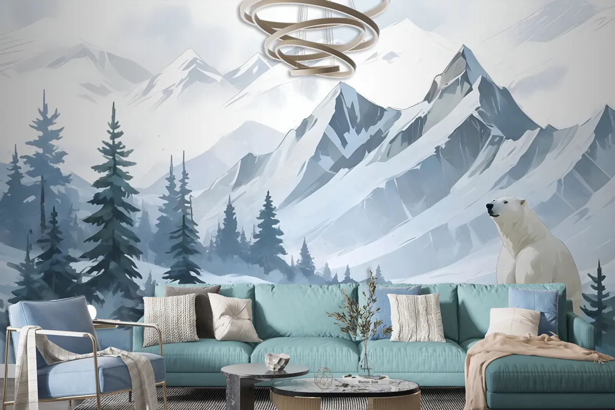 Kids Mountain Landscape With Cartoon Bear Wallpaper Mural