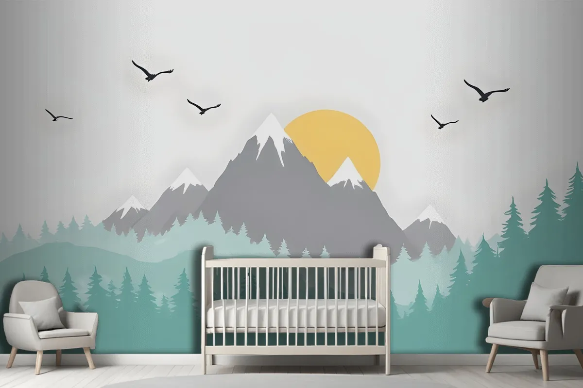 Kids Mountain Landscape With Trees Wallpaper Mural