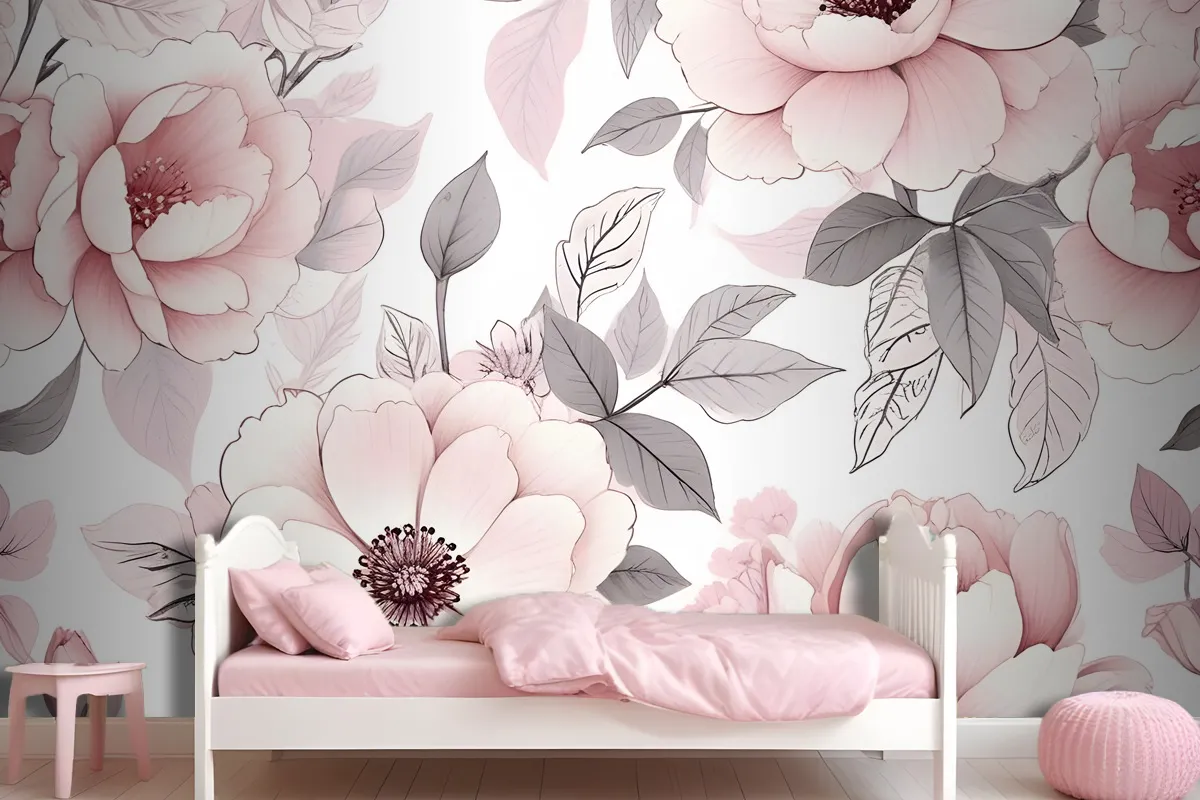 Kids Nursery Floral Pink Rose Pattern Wallpaper Mural