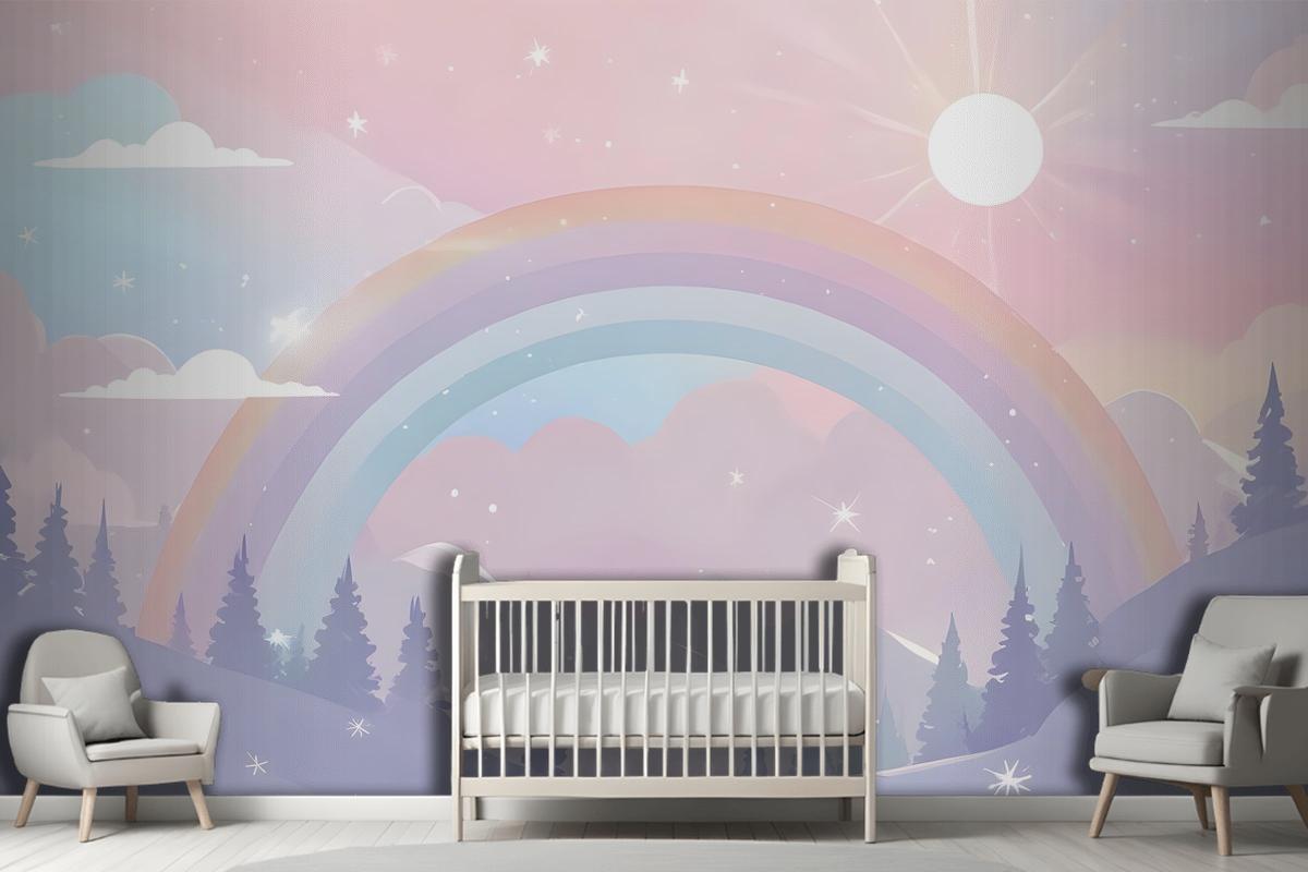 Kids Nursery Rainbow With Colorful Mountains And Shiny Stars Wallpaper Mural