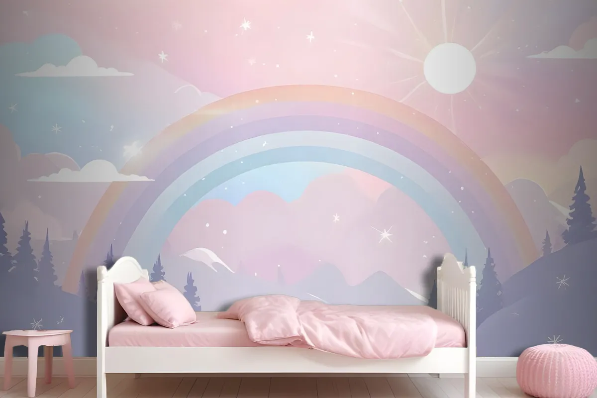 Kids Nursery Rainbow With Colorful Mountains And Shiny Stars Wallpaper Mural