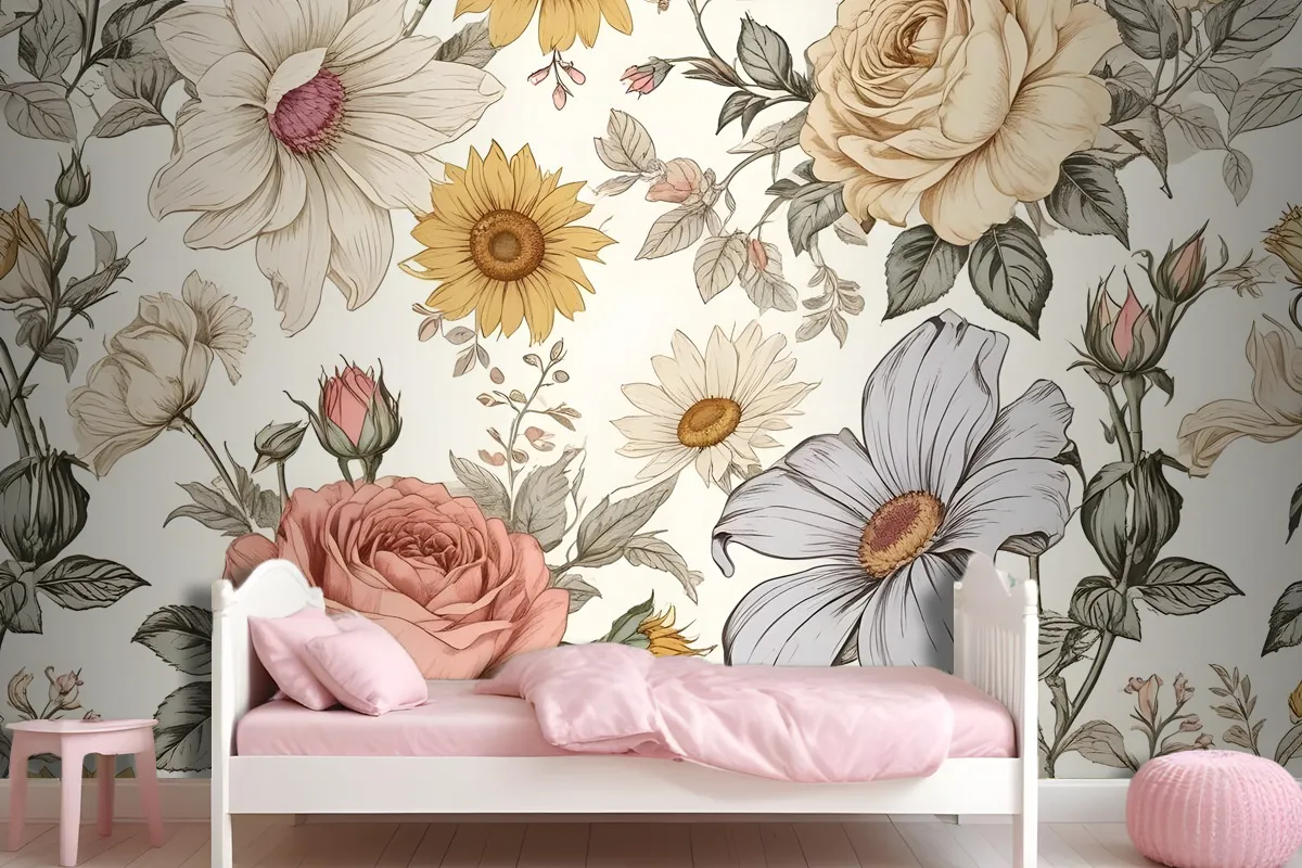 Kids Peony And Daisy Floral Wallpaper Mural