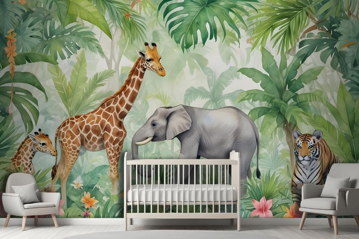 Kids Safari Watercolor Tropical Forest Jungle Animals Wallpaper Mural