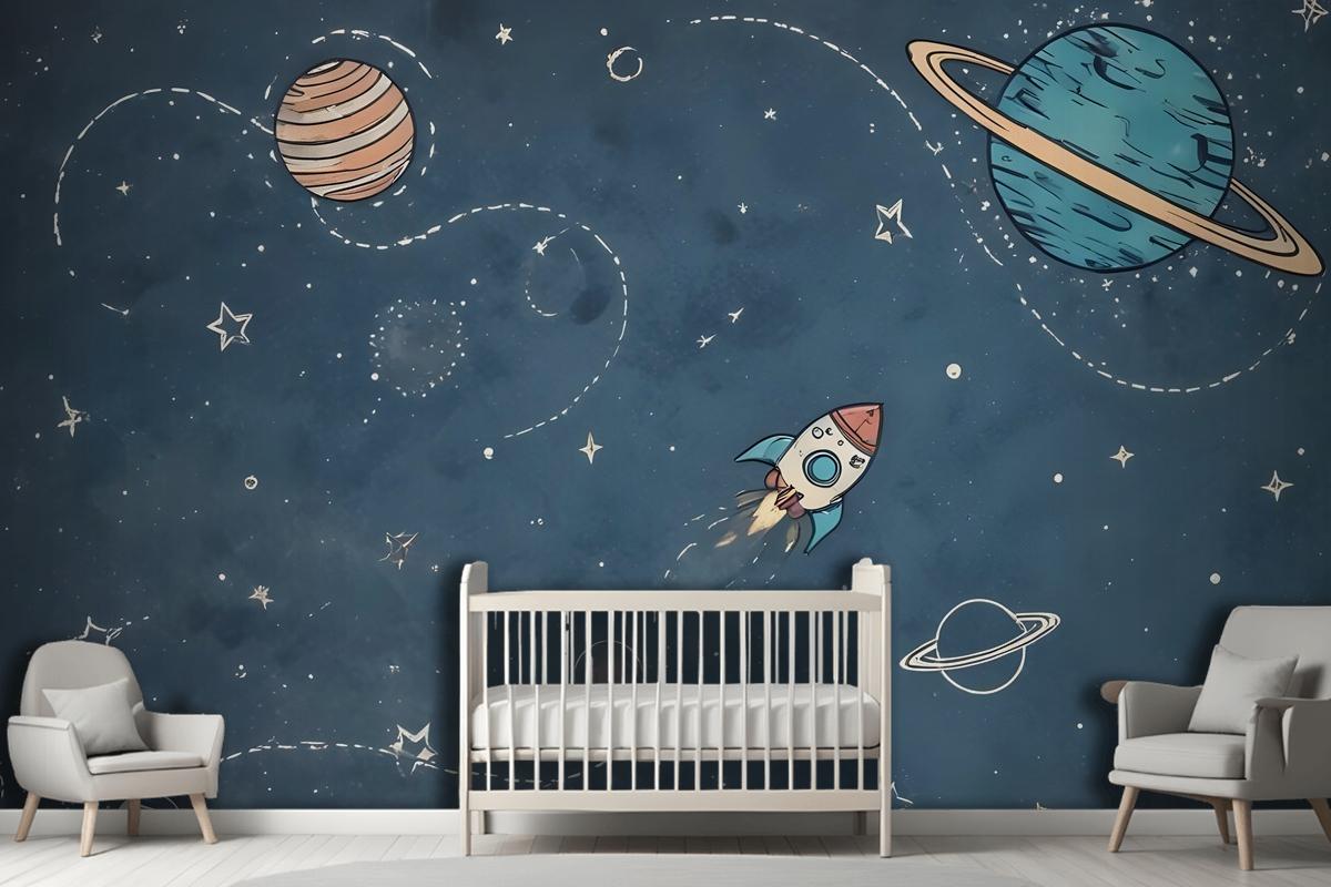 Kids Shining Cartoon Space With White Stripe Wallpaper Mural