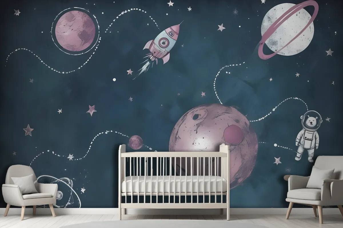 Kids Shining Space With Watercolor Bear Astronaut Wallpaper Mural