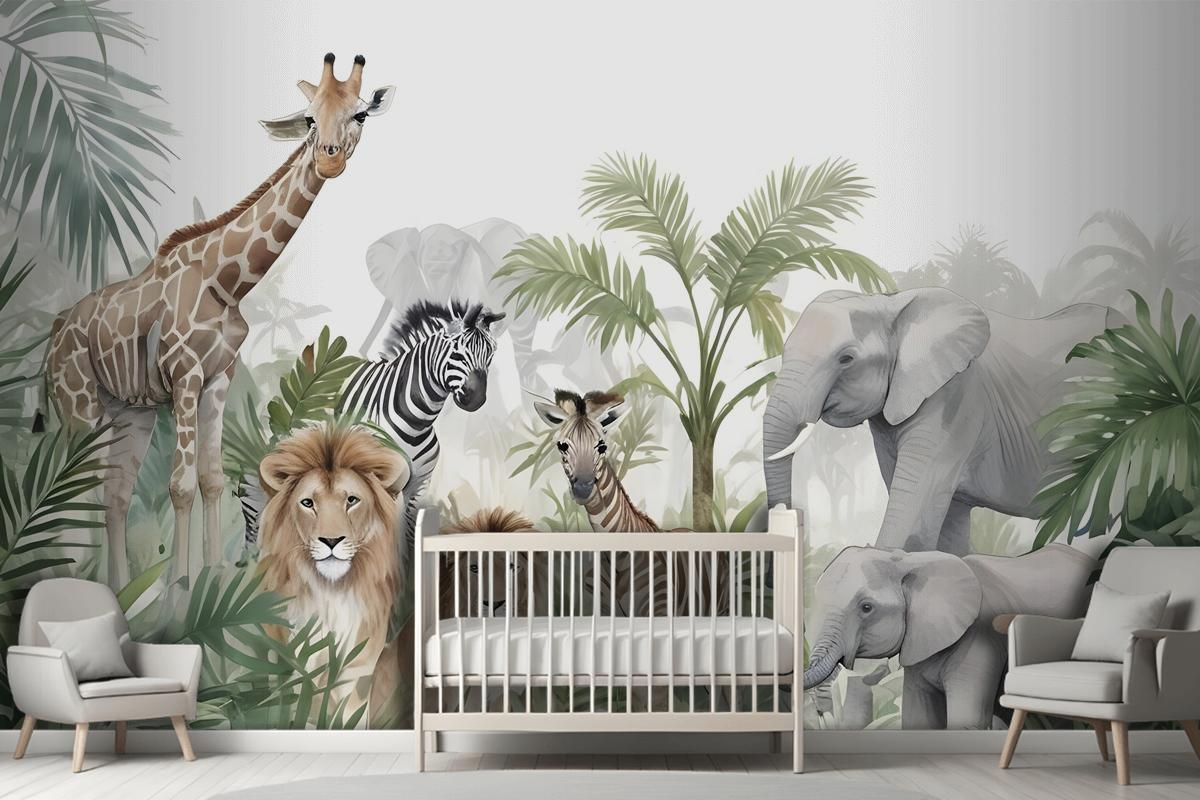 Kids Tropical Animals With Leafs Wallpaper Mural