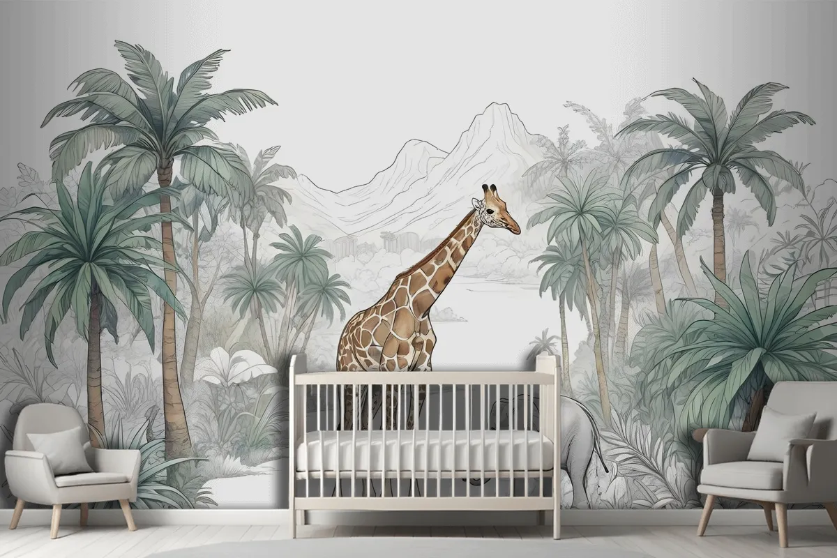 Kids Tropical Animals With Mountain Wallpaper Mural