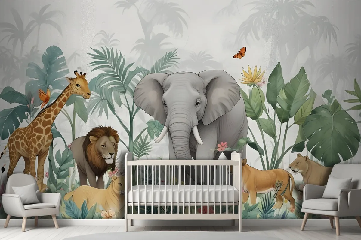 Kids Tropical Safari Animals With Green Leafs Wallpaper Mural