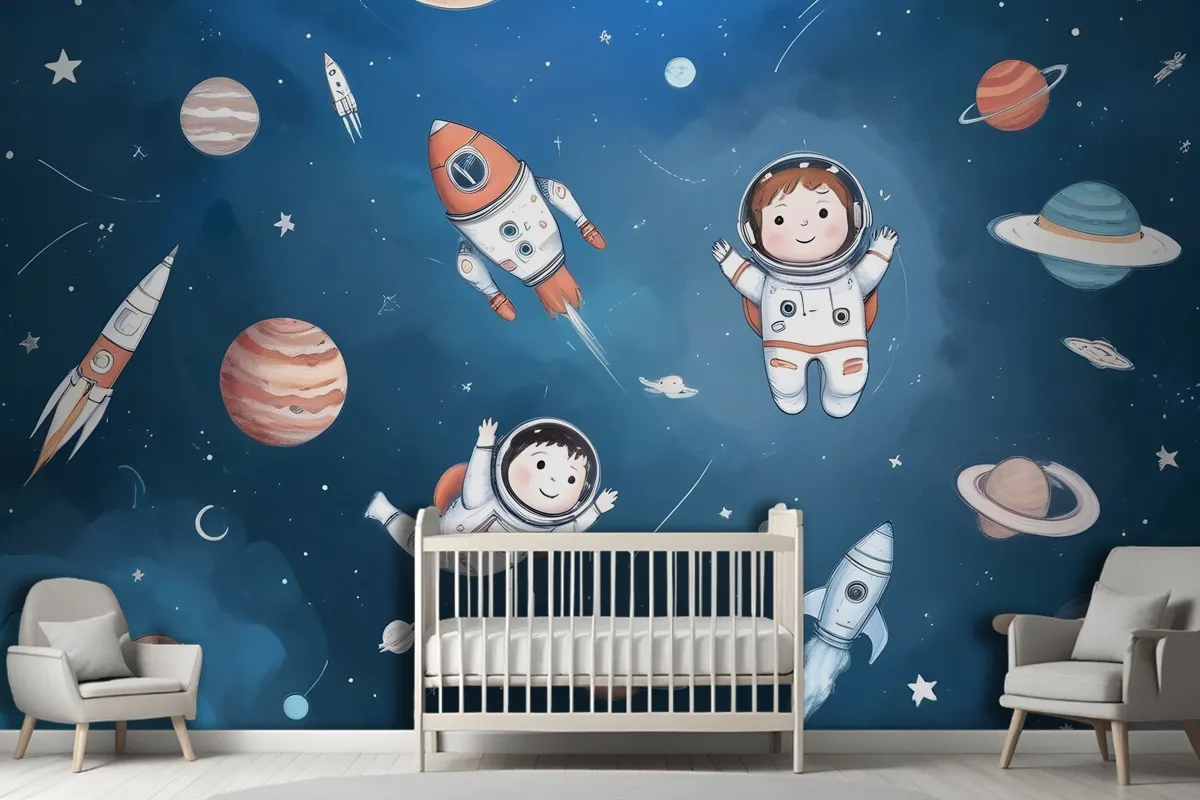 Kids Watercolor Space With Planets Wallpaper Mural