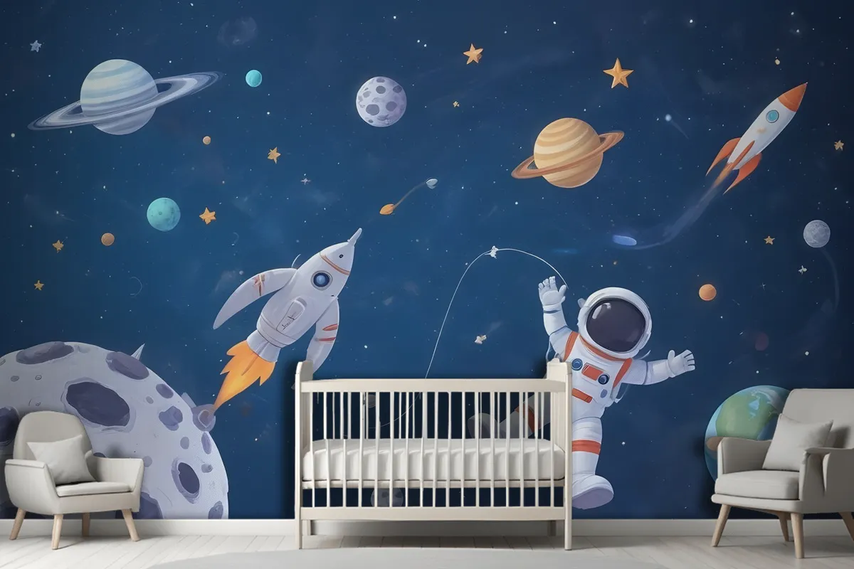 Kids Watercolor Space With Spaceship And Astronaut Wallpaper Mural