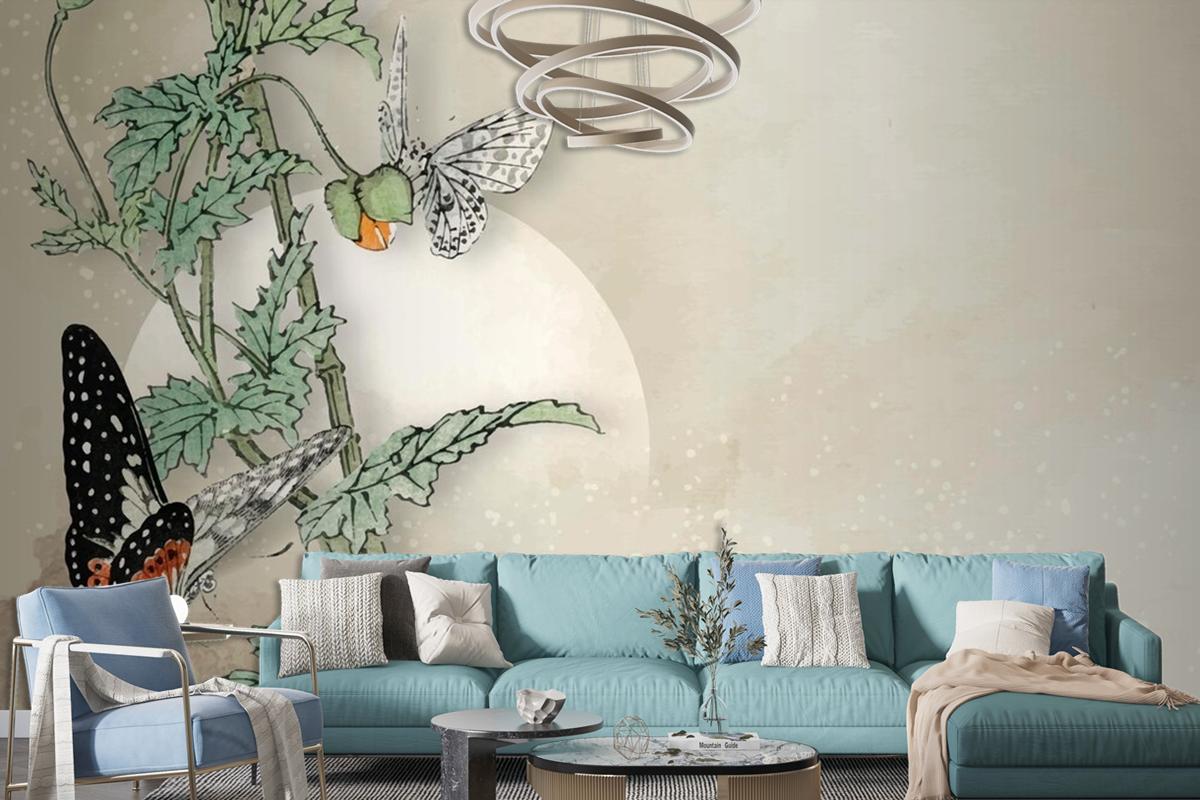 Leafy Butterfly Frame Design Wallpaper Mural