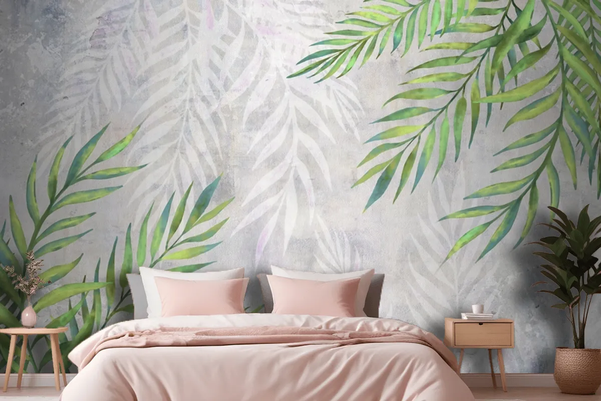 Leaves In The Corners On A Light Textured Wallpaper Mural