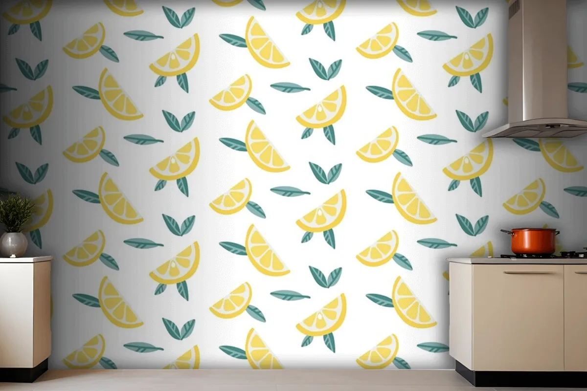 Lemon Fruit Slices With Leaves Seamless Pattern  Wallpaper Mural