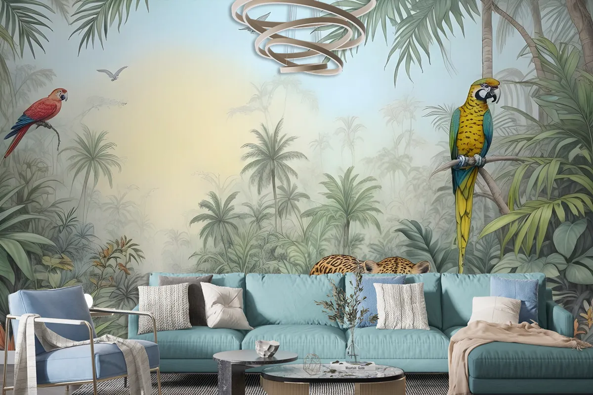 Leopard And Colorful Parrot In The Tropical Forest Wallpaper Mural