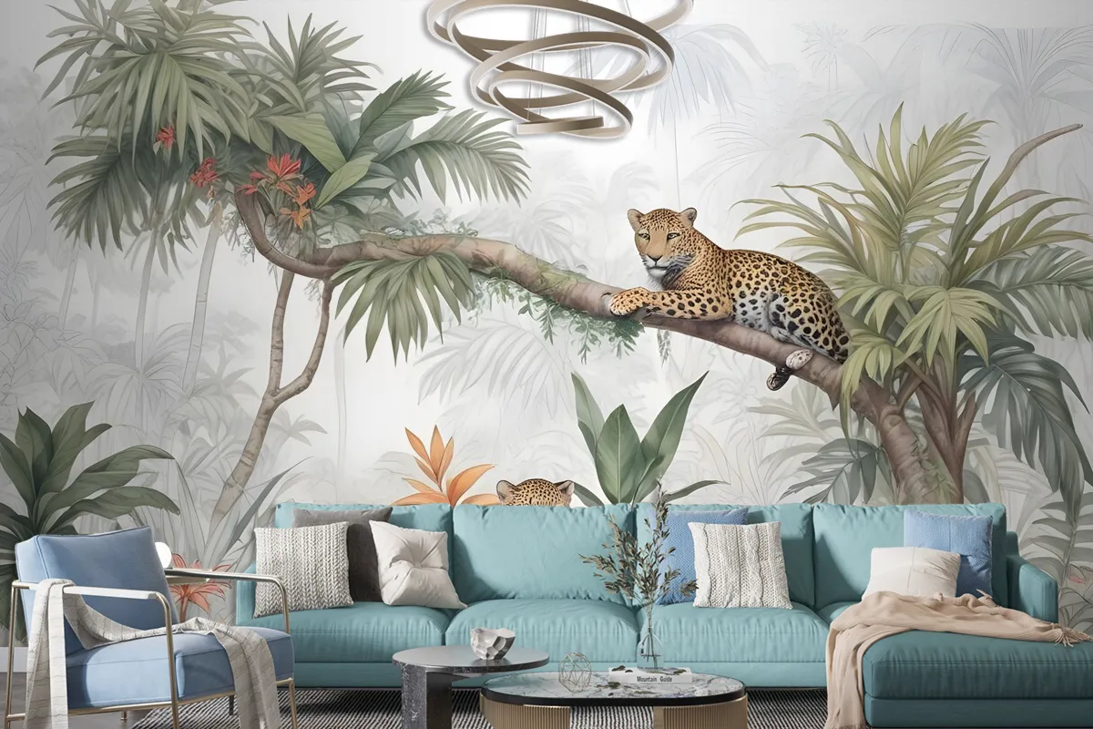 Leopards And Tropical Leaves Wallpaper Mural