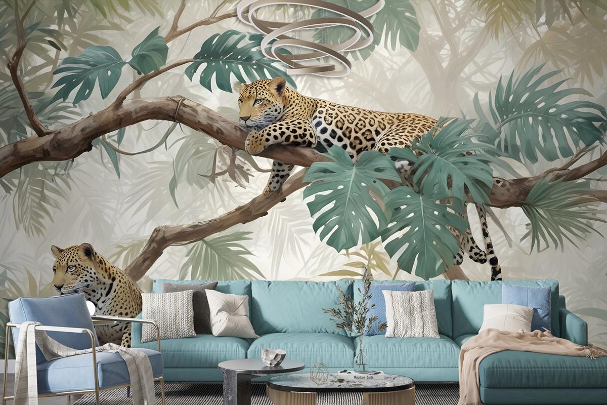 Leopards On Branch Jungle Wallpaper Mural