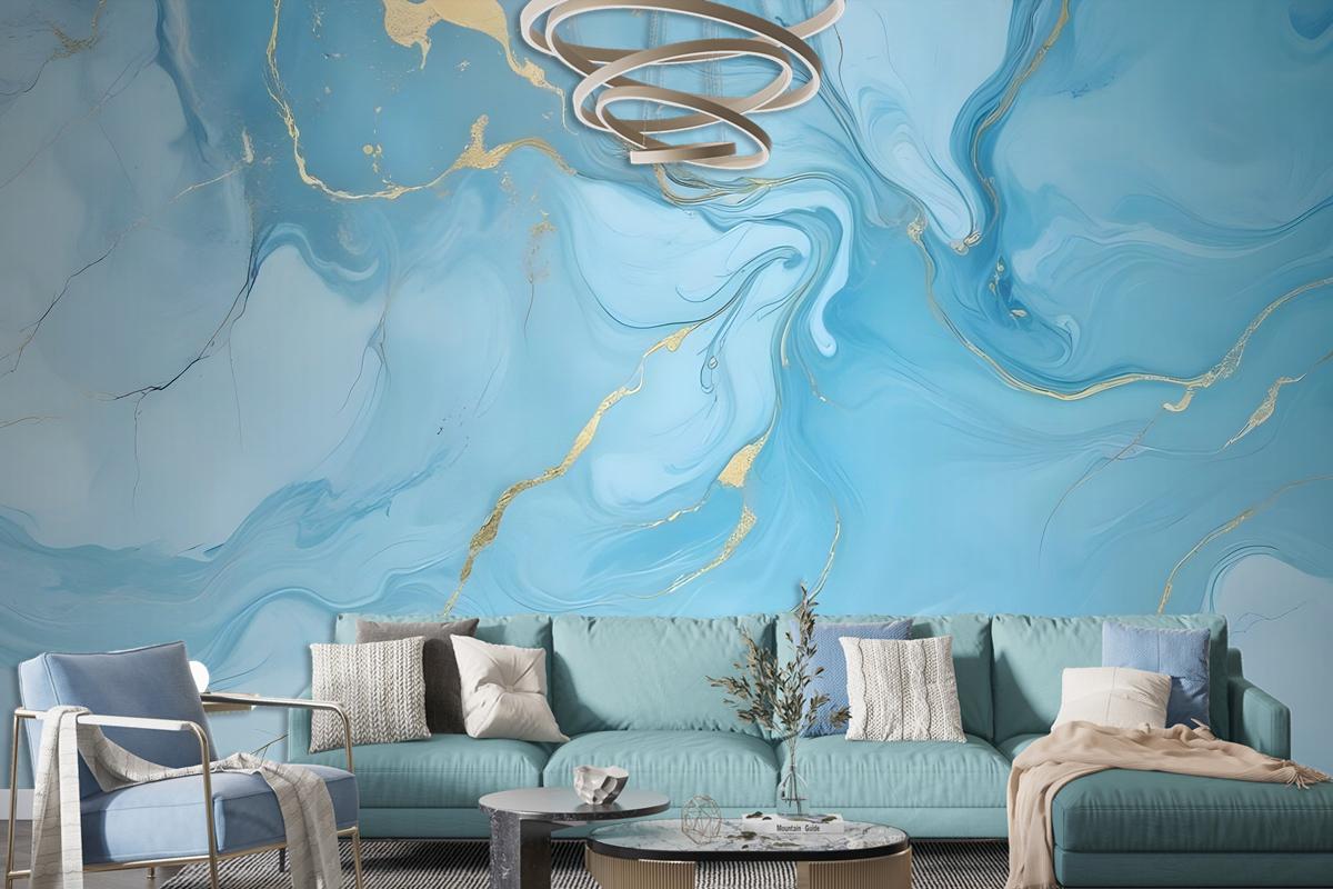 Light Blue Marble With Gold Look Splash Wallpaper Mural