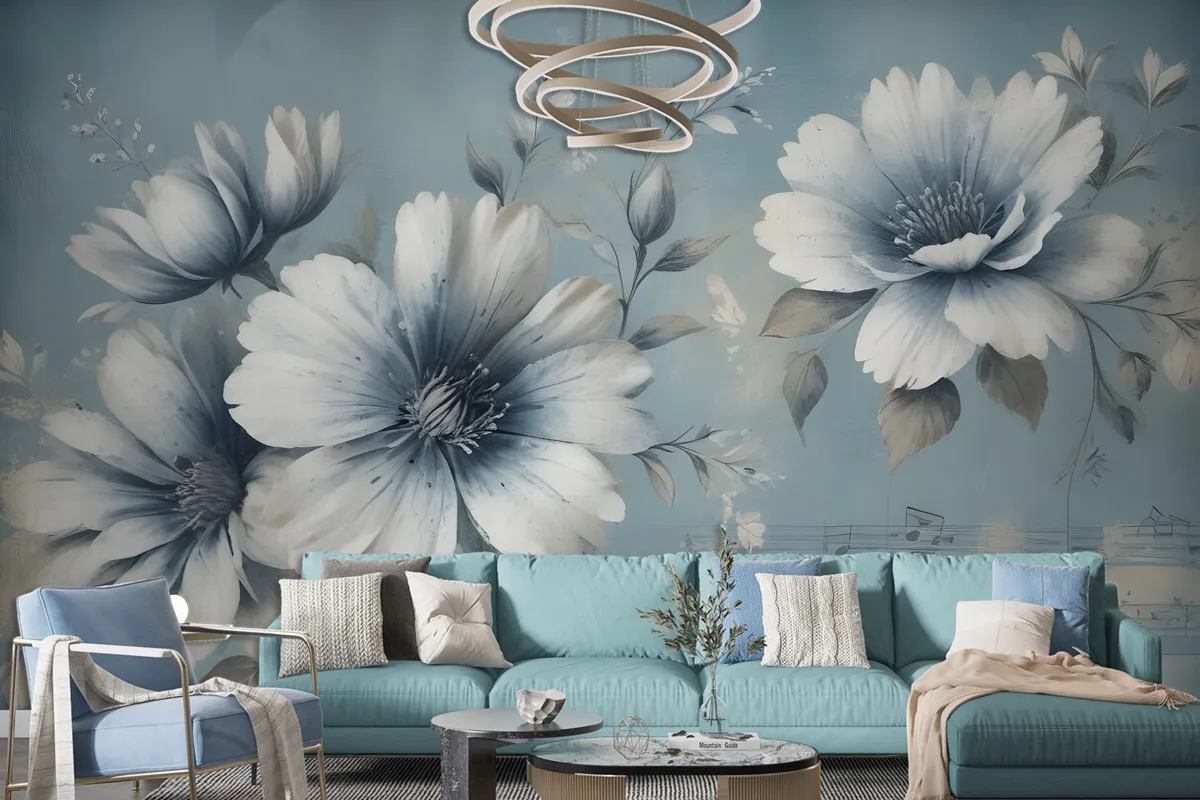 Light Floral With Music Notes Wallpaper Mural