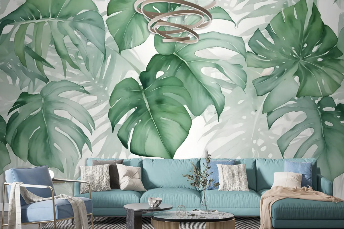 Light Green Tropical Leaves Wallpaper Mural