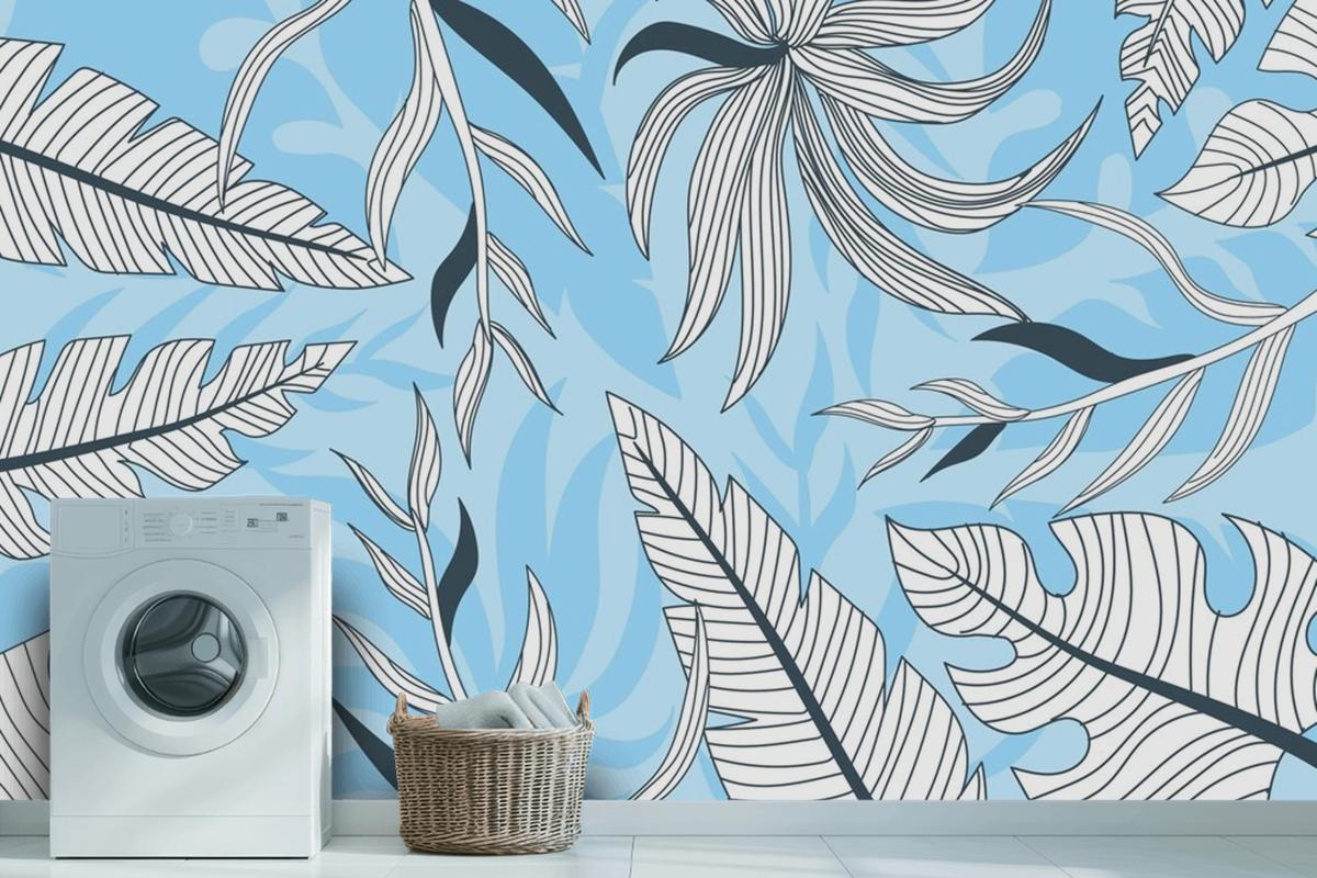 Linear Tropical Leaves With Pastel Color Laundry Wallpaper Mural