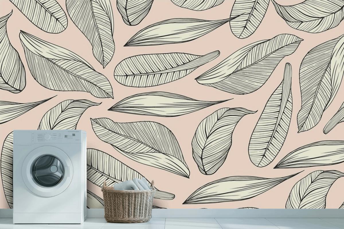 Linear Tropical Leaves With Pastel Color Background Wallpaper Mural