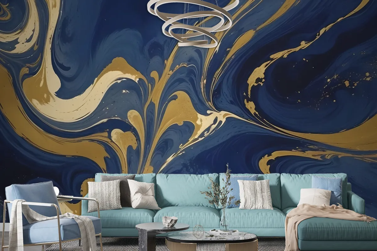 Liquid Abstract Marble Art Gold Blue Gradient Wallpaper Mural