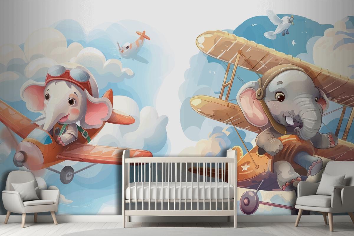 Little Elephant On Plane Wallpaper Mural