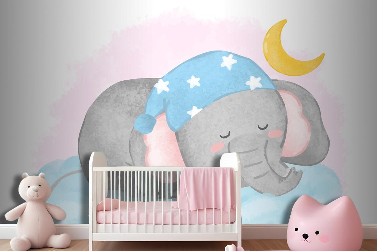 Lovely Elephant Sleeping On The Cloud In Painting Watercolor Wallpaper Mural