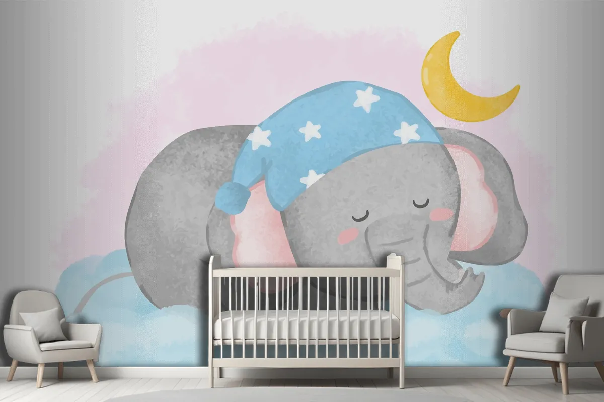 Lovely Elephant Sleeping On The Cloud In Painting Watercolor Wallpaper Mural