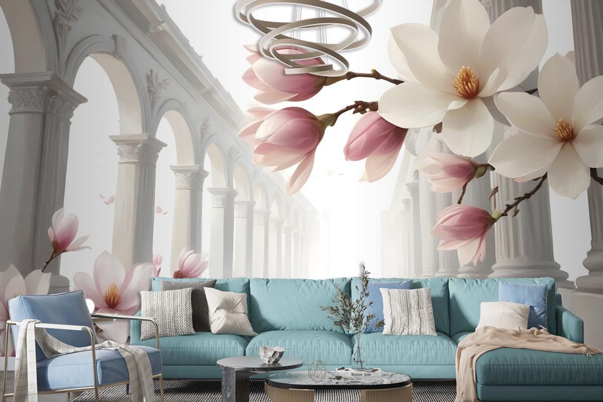 Magnolia Blossom With Column Wallpaper Mural