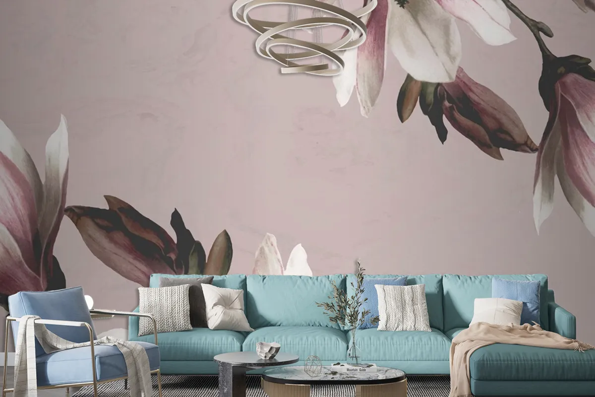 Magnolia Border On Beige Background Wallpaper Mural