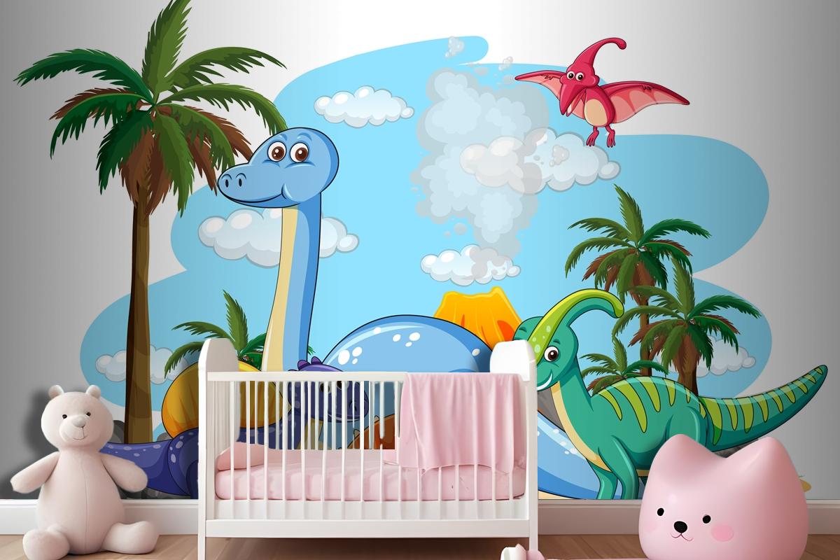 Many Cute Dinosaurs Character In Prehistoric Land Isolated Wallpaper Mural