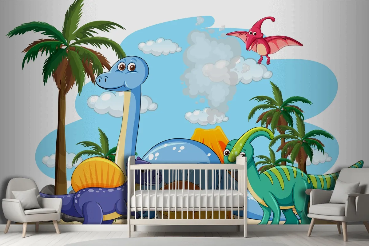 Many Cute Dinosaurs Character In Prehistoric Land Isolated Wallpaper Mural