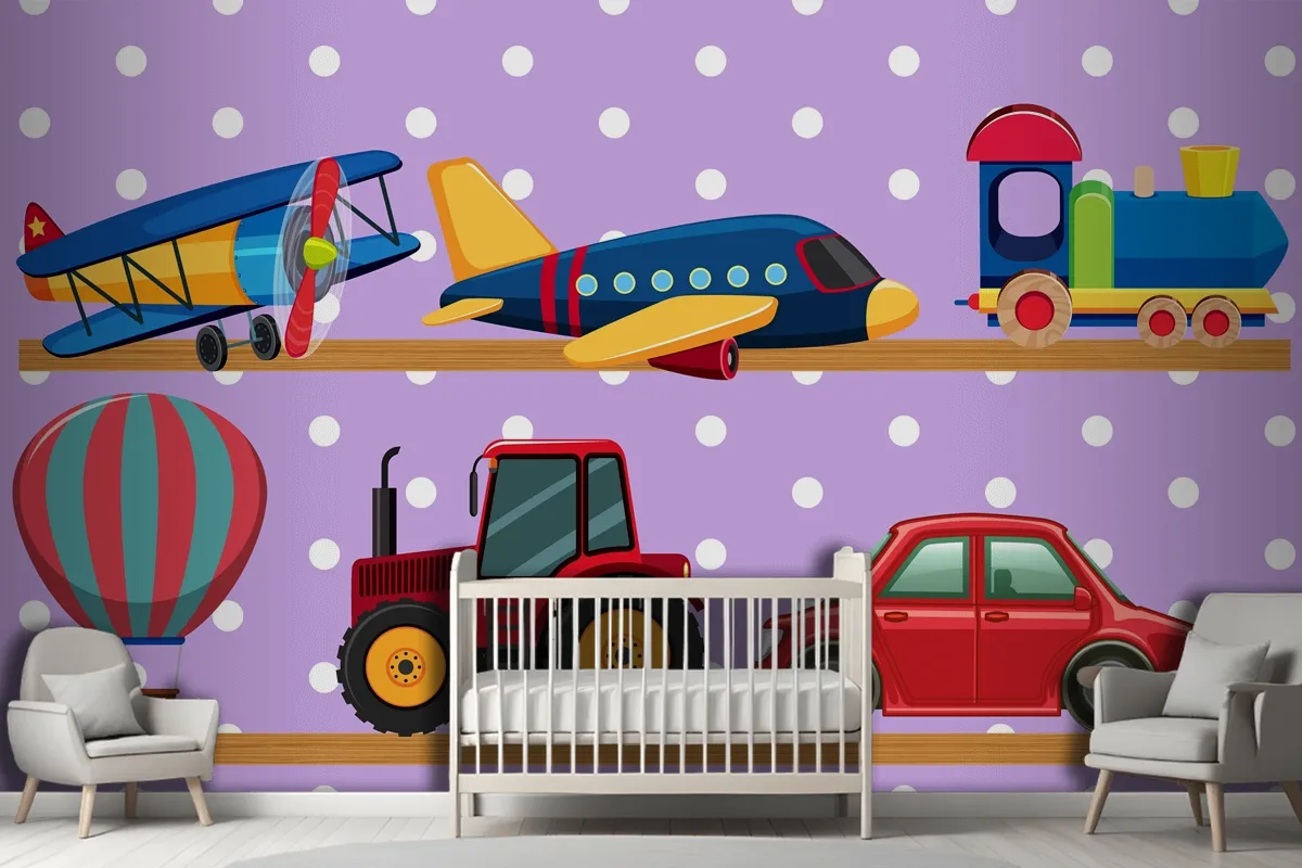 Many Transportation Toys On Wooden Shelves Wallpaper Mural