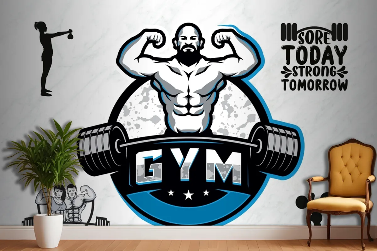 Mavi Temalı Halter Gym Fitness Duvar Kağıdı