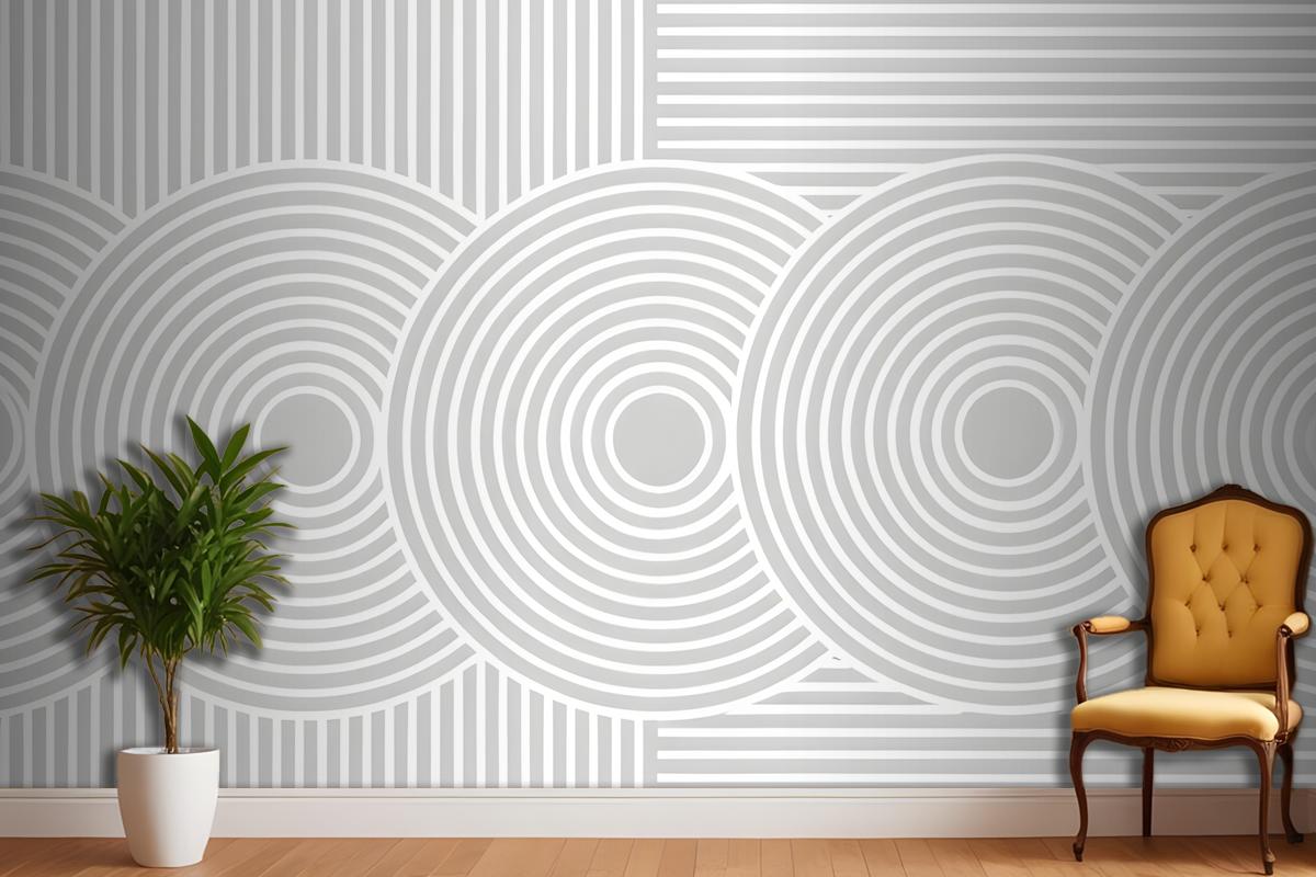 Minimalist Abstract Geometric Patterns Of Concentric Circles And Vertical Lines In Shades Of Gray Wallpaper Mural