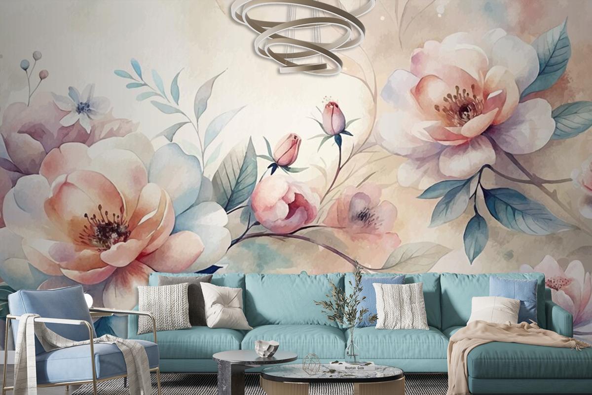 Minimalist Blooming Flower Watercolor Background Beautifully Scattered Wallpaper Mural