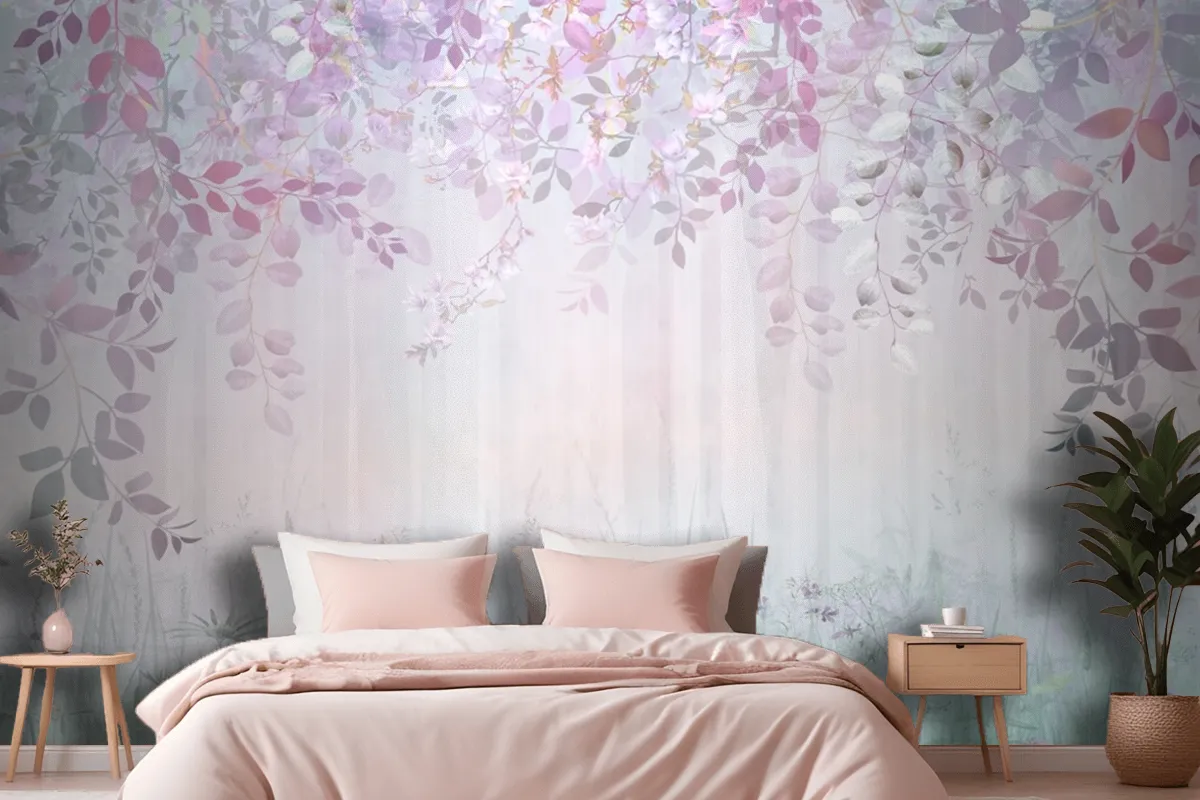 Misty Forest In A Rainbow Haze With Hanging Branches And Meadow Flowers Wallpaper Mural