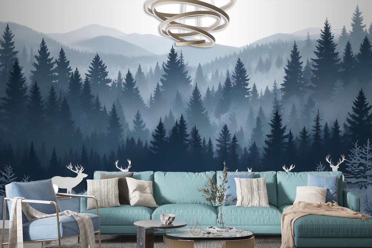 Misty Forest Landscape And Horned Deer Wallpaper Mural