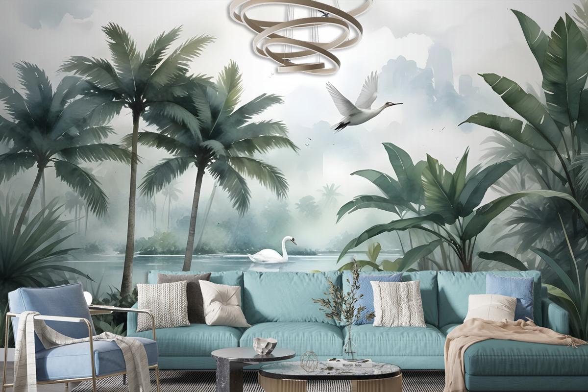 Misty Tropical Forest With Lake Wallpaper Mural