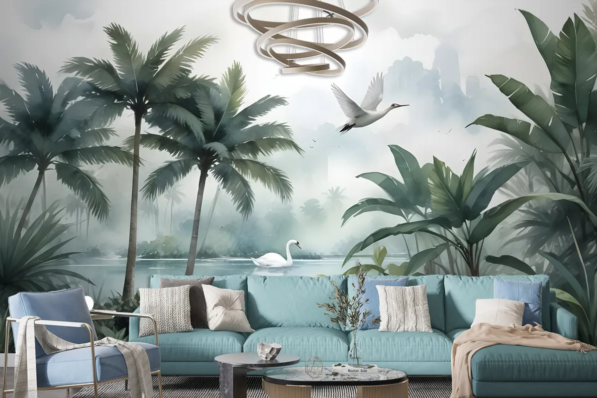 Misty Tropical Forest With Lake Wallpaper Mural