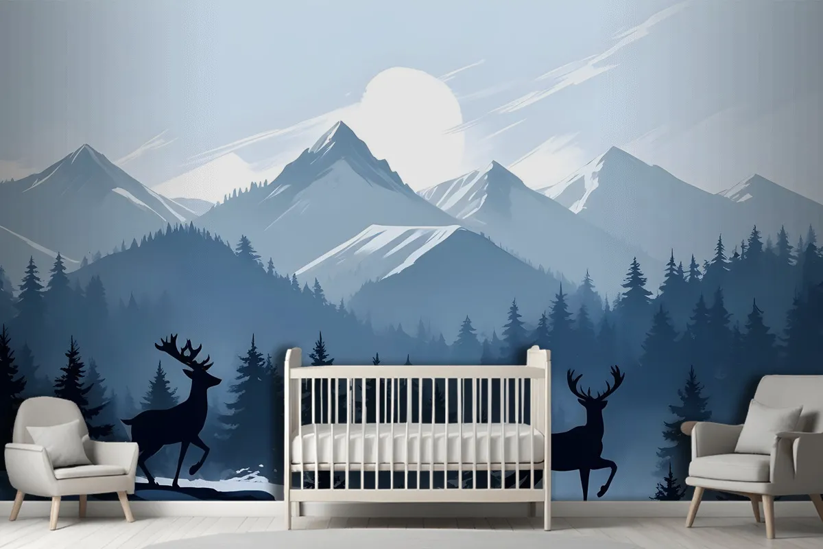 Monochrome Dark Blue Snowy Forest With Horned Deer Silhouette For Kids Wallpaper Mural