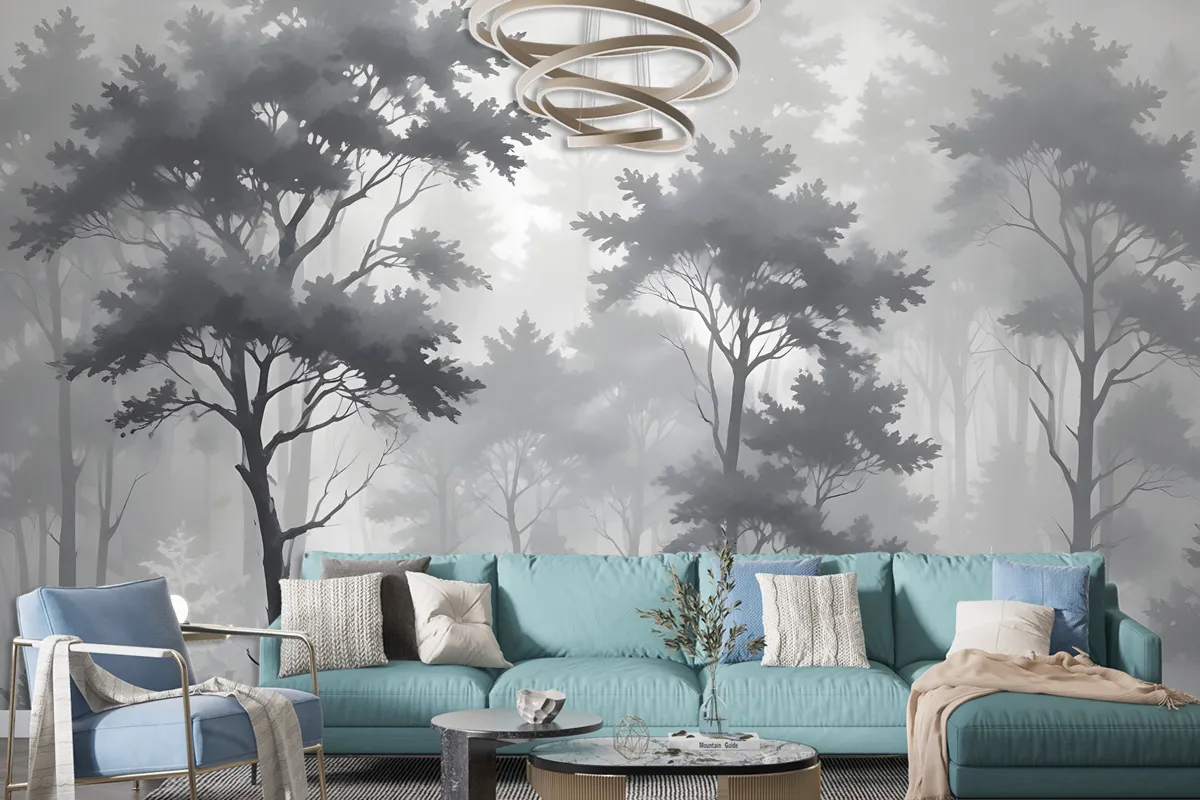 Monochrome Forest Silhouette Landscape Wallpaper Mural