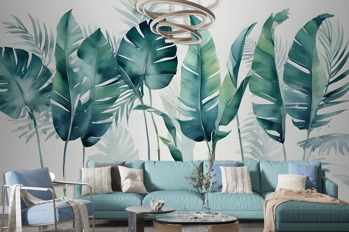 Monochrome Green Banana Leaf Wallpaper Mural